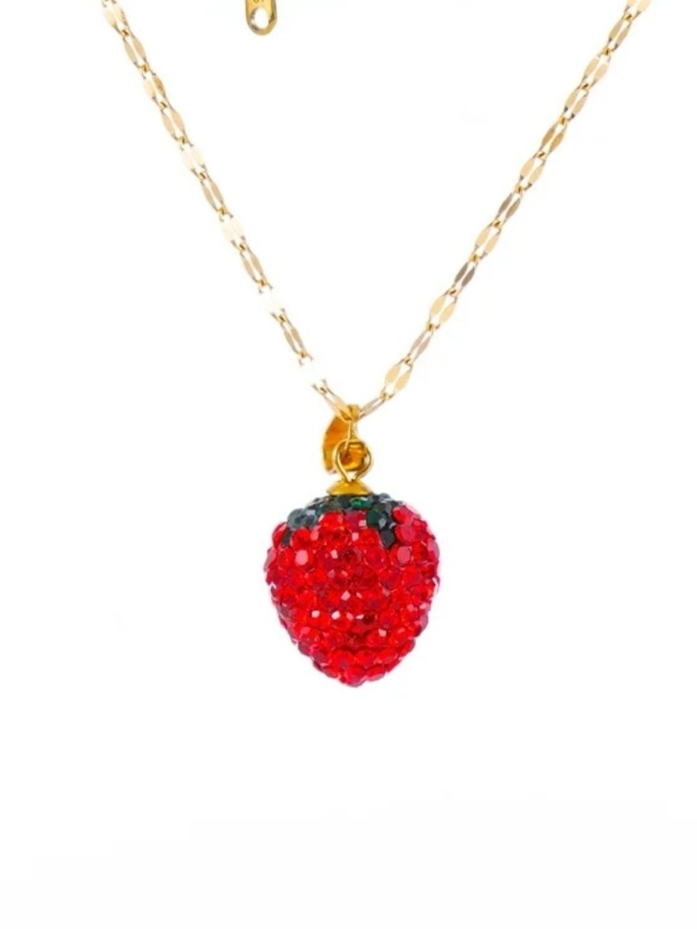 Gold Chain Necklace with Red Crystal Strawberry Pendant - Picture 2 of 3